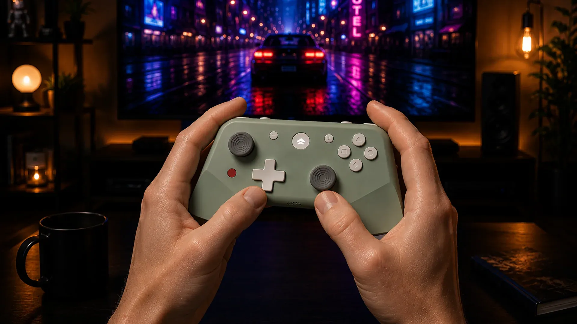 KiteGo controller used at a gaming desk with monitor lighting