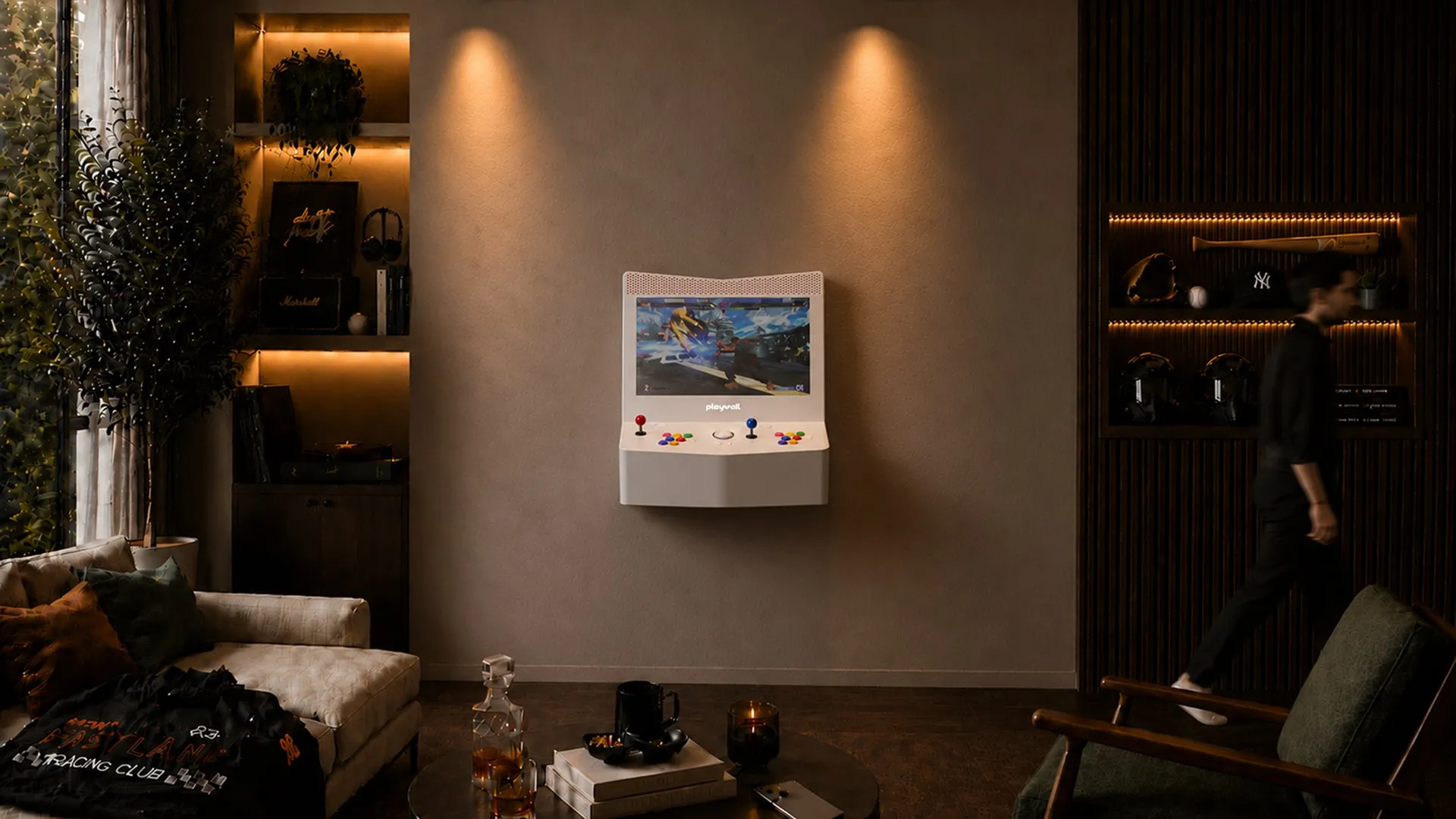 Playwall wall-mounted arcade machine in modern living room interior