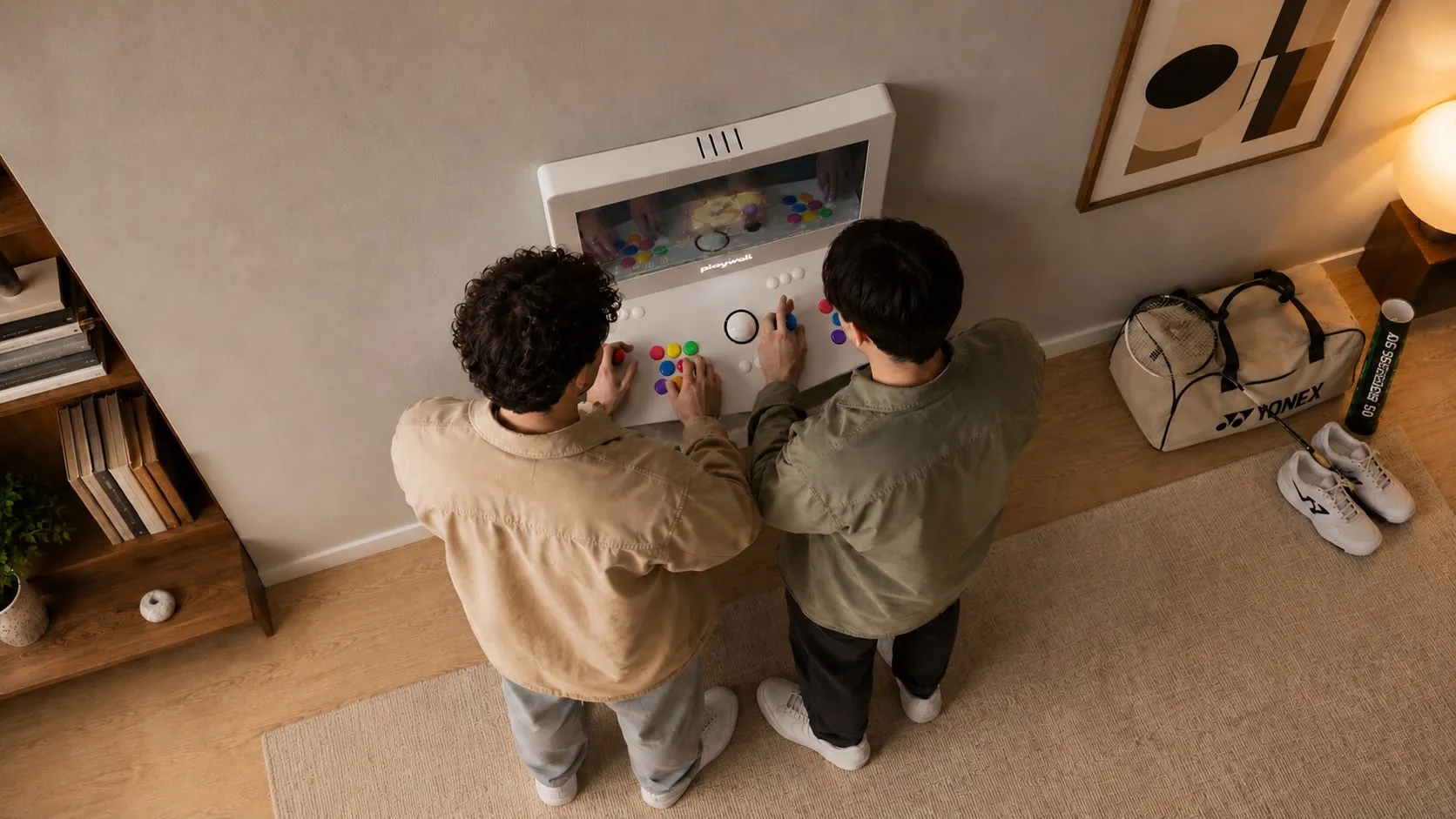 Top view of Playwall arcade controls in a contemporary interior