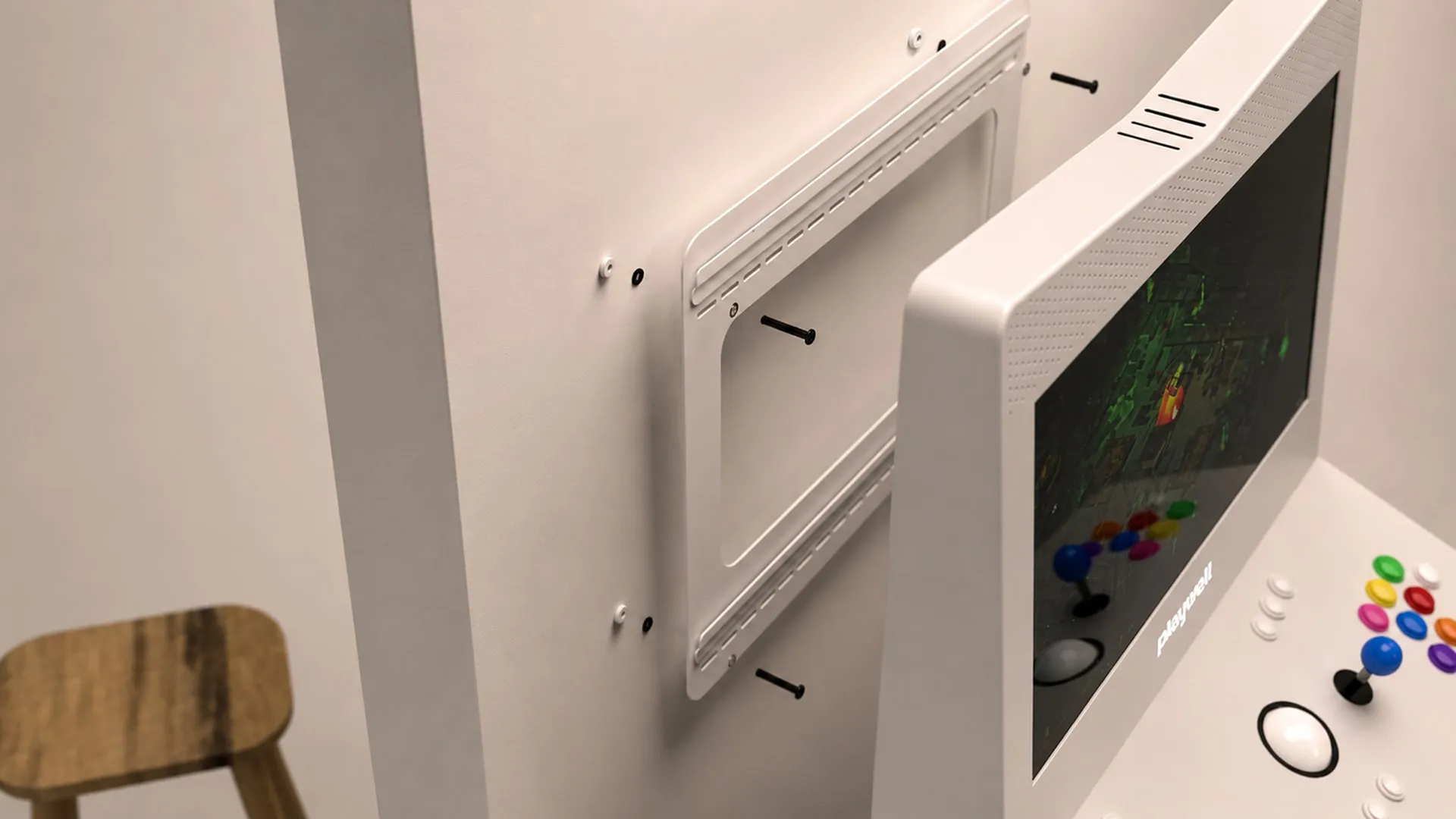 Playwall wall-mounted arcade rear access and mounting system